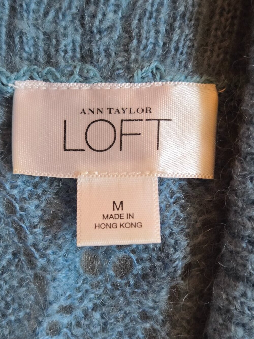 LOFT Dusty Blue Open Lace Knit Mohair Cardigan w Ribbed Shawl Style Collar M - Picture 3 of 16